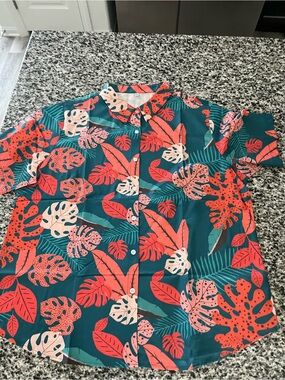 Tropical Leaf Print Button-Up Shirt in Teal & Coral